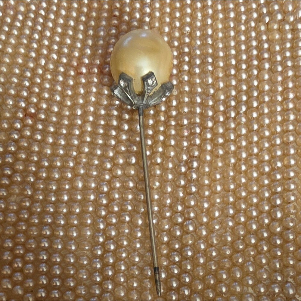 Vintage Faux Pearl Hatpin Stick Pin, Metal Prong Setting with Metal Clasp